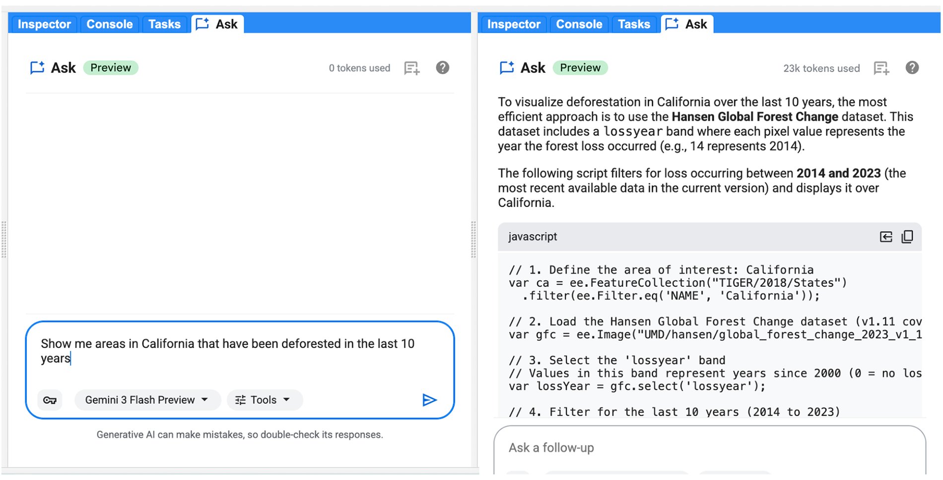 Gemini-powered Ask arrives in Google Earth Engine’s Code Editor