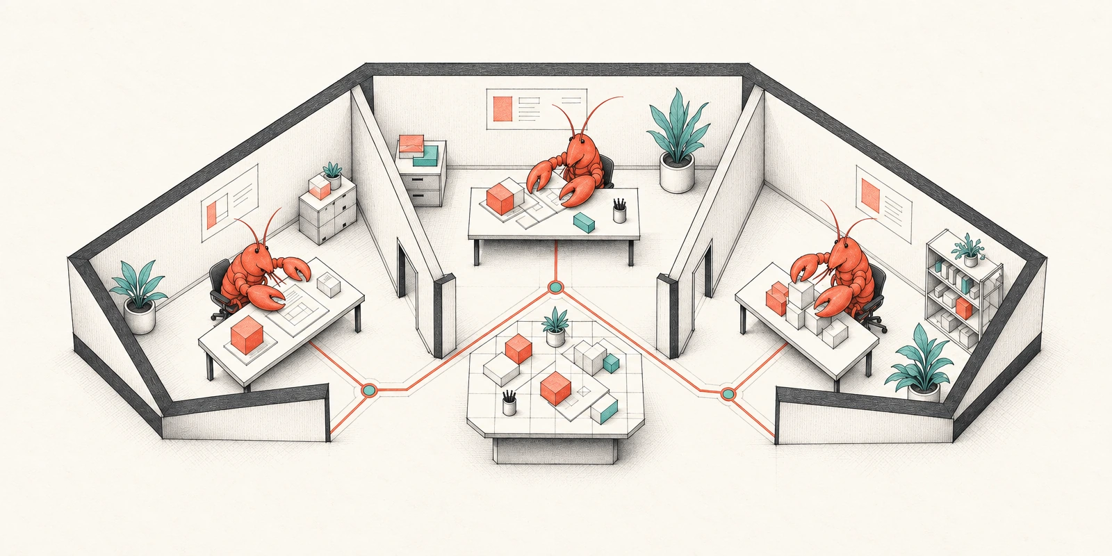 Illustration of three OpenClaw agents working in separate rooms connected to a shared workspace