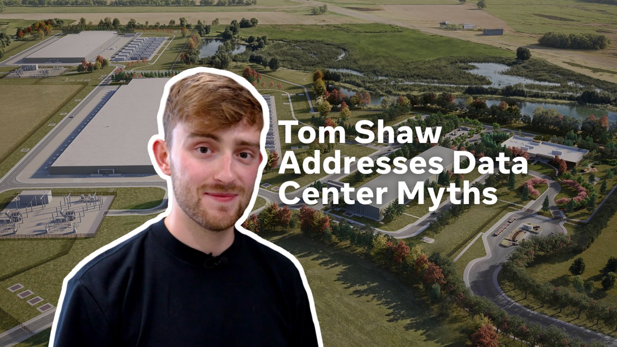 Tom Shaw pictured with a Meta data centre while discussing infrastructure claims